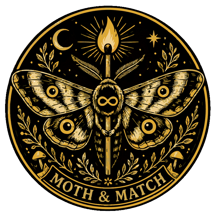 The Moth & Match emblem: a moth with eyespot wings holding a lit match, inside a gold circle with a banner reading Moth & Match.